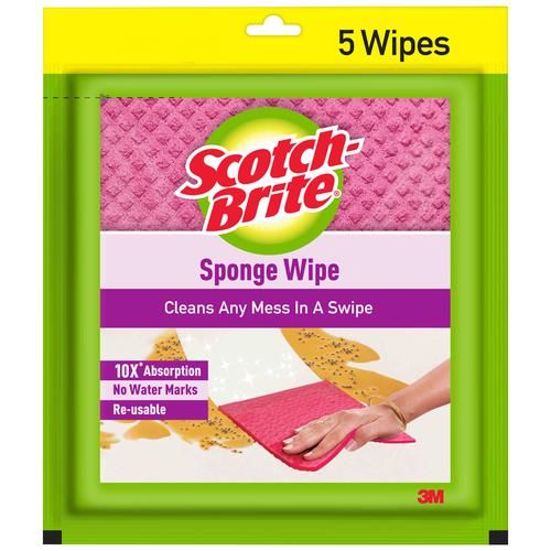 Scotch brite Sponge Wipes for Kitchen cleaning, Re-usable Absorbent and Surface Cleaner, 5 pcs  10X Absorption, No Water Marks