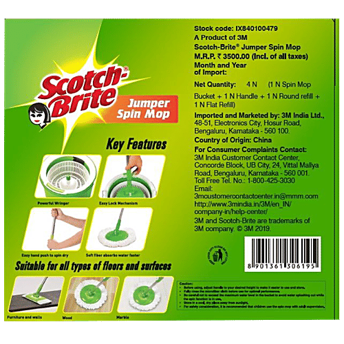 Scotch Brite Jumper Spin Mop - Plastic, With Rod, 3.9 ft, Round & Flat Refills, Green, 1 pc