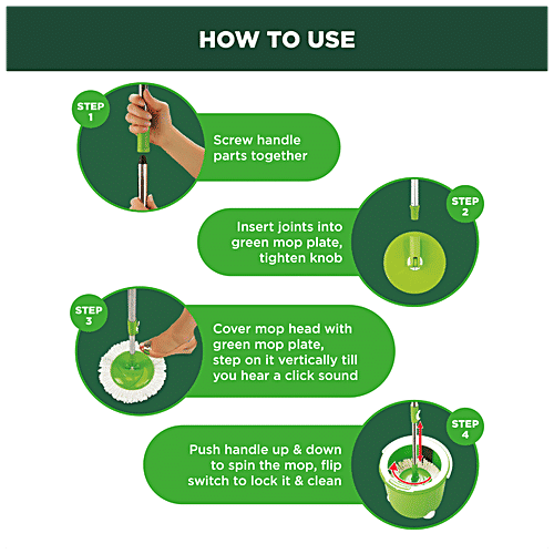 Scotch Brite Jumper Spin Mop - Plastic, With Rod, 3.9 ft, Round & Flat Refills, Green, 1 pc