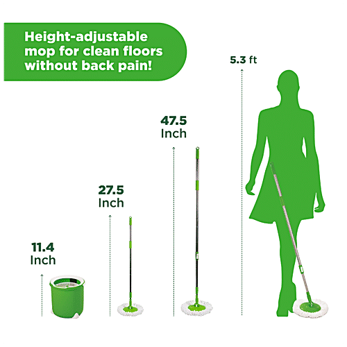 Scotch Brite Jumper Spin Mop - Plastic, With Rod, 3.9 ft, Round & Flat Refills, Green, 1 pc