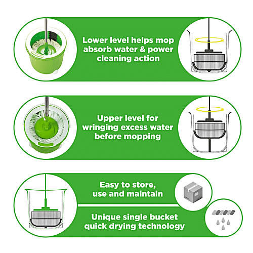 Scotch Brite Jumper Spin Mop - Plastic, With Rod, 3.9 ft, Round & Flat Refills, Green, 1 pc