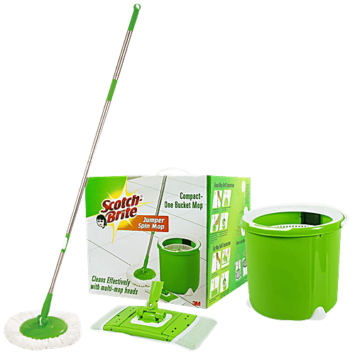 Scotch Brite Jumper Spin Mop - Plastic, With Rod, 3.9 ft, Round & Flat Refills, Green, 1 pc