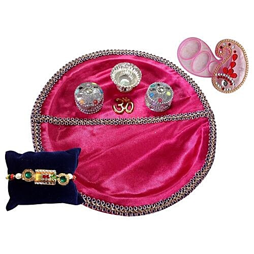 Unique Arts & Interiors Pooja Thali With Rakhi & Roli Box - Pink, Plastic, 1 pc  