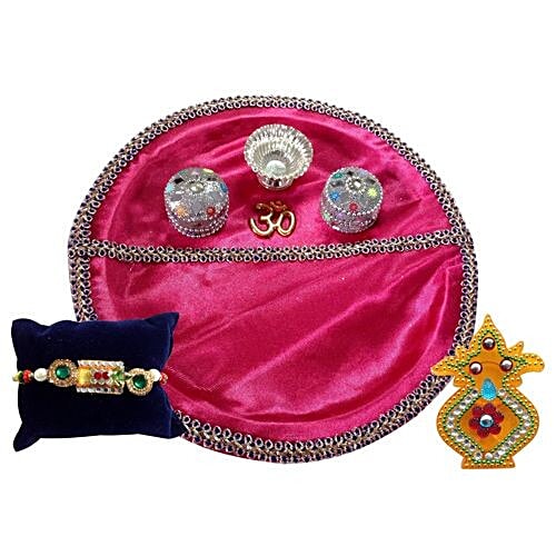 Unique Arts & Interiors Pooja Thali With Rakhi & Roli Box - Pink, Plastic, 1 pc  