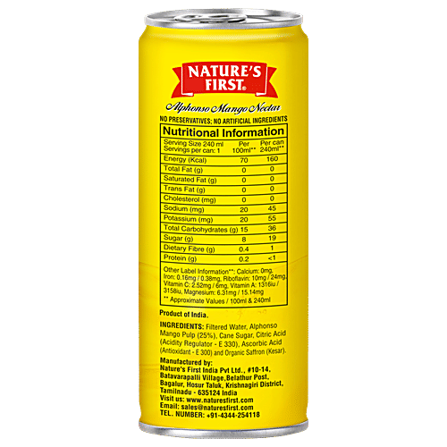 Nature's First Alphonso Mango Nectar Fruit Beverage - Organic Saffron Added, Healthy, Refreshing Drink, 240 ml Can Zero Fat, Zero Cholesterol