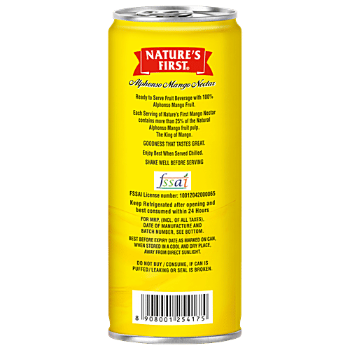 Nature's First Alphonso Mango Nectar Fruit Beverage - Organic Saffron Added, Healthy, Refreshing Drink, 240 ml Can Zero Fat, Zero Cholesterol
