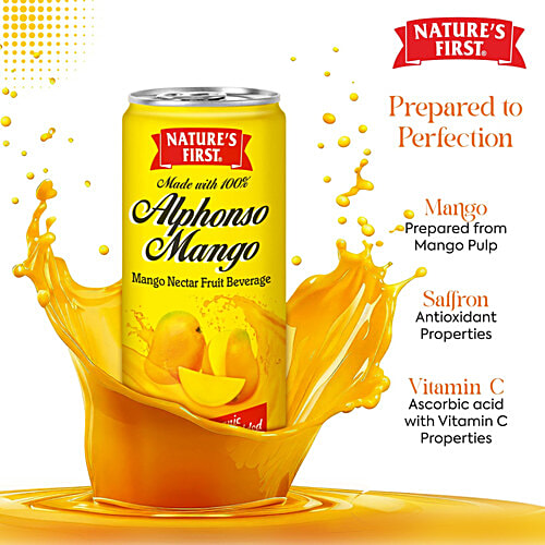 Nature's First Alphonso Mango Nectar Fruit Beverage - Organic Saffron Added, Healthy, Refreshing Drink, 240 ml Can Zero Fat, Zero Cholesterol