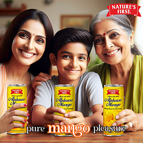 Nature's First Alphonso Mango Nectar Fruit Beverage - Organic Saffron Added, Healthy, Refreshing Drink, 240 ml Can Zero Fat, Zero Cholesterol