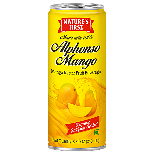 Nature's First Alphonso Mango Nectar Fruit Beverage - Organic Saffron Added, Healthy, Refreshing Drink, 240 ml Can Zero Fat, Zero Cholesterol