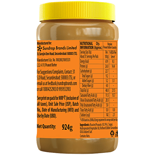 Sundrop Regular Crunchy Peanut Butter, 924 g 26G Protein Per 100G