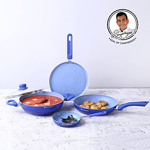 Wonderchef Royal Velvet Induction Base Non-Stick Cookware Set - Blue, Fry Pan 24 cm (1.8 L) + Wok with Glass Lid 24 cm (2.7 L) + Dosa Tawa 24 cm + Mini Fry Pan 14 cm, Aluminium, 3 mm, 4 pcs  