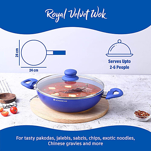 Wonderchef Royal Velvet Induction Base Non-Stick Cookware Set - Blue, Fry Pan 24 cm (1.8 L) + Wok with Glass Lid 24 cm (2.7 L) + Dosa Tawa 24 cm + Mini Fry Pan 14 cm, Aluminium, 3 mm, 4 pcs  