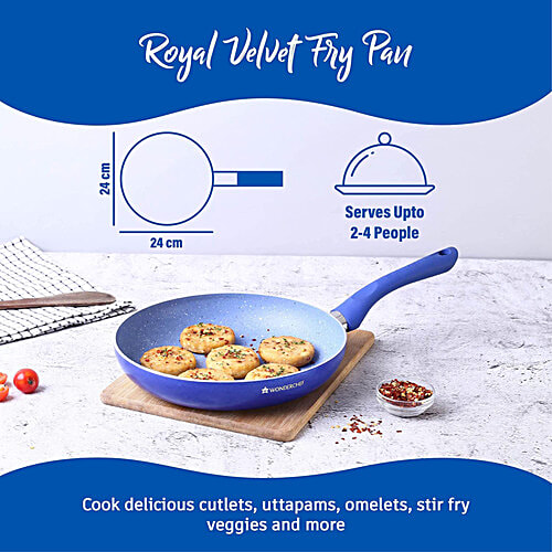 Wonderchef Royal Velvet Induction Base Non-Stick Cookware Set - Blue, Fry Pan 24 cm (1.8 L) + Wok with Glass Lid 24 cm (2.7 L) + Dosa Tawa 24 cm + Mini Fry Pan 14 cm, Aluminium, 3 mm, 4 pcs  