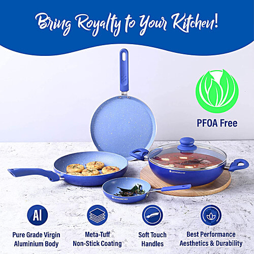 Wonderchef Royal Velvet Induction Base Non-Stick Cookware Set - Blue, Fry Pan 24 cm (1.8 L) + Wok with Glass Lid 24 cm (2.7 L) + Dosa Tawa 24 cm + Mini Fry Pan 14 cm, Aluminium, 3 mm, 4 pcs  