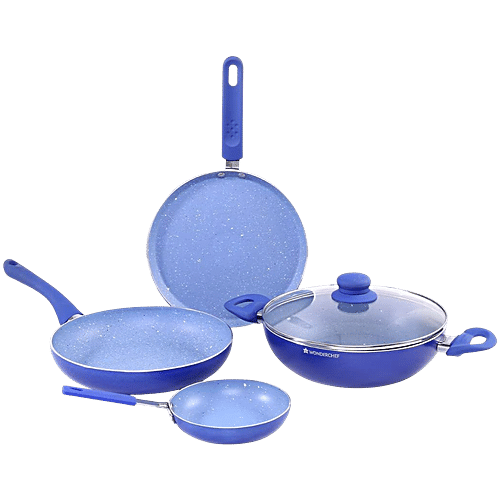 Wonderchef Royal Velvet Induction Base Non-Stick Cookware Set - Blue, Fry Pan 24 cm (1.8 L) + Wok with Glass Lid 24 cm (2.7 L) + Dosa Tawa 24 cm + Mini Fry Pan 14 cm, Aluminium, 3 mm, 4 pcs  