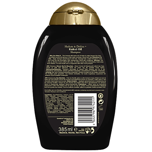 OGX Hydrate & Defrizz + Kukui Oil Shampoo, 385 ml  Sulfate Free Surfactants