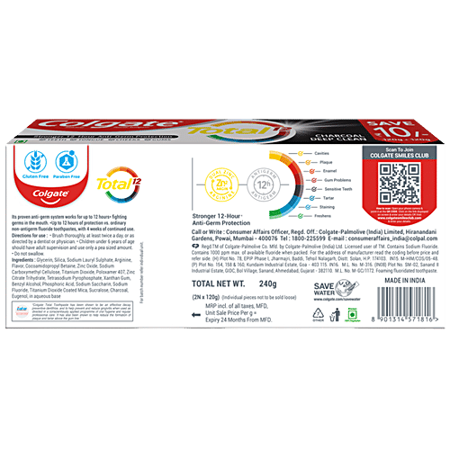 Colgate Total Charcoal Deep Clean Toothpaste, 240 g (2 x 120 g)