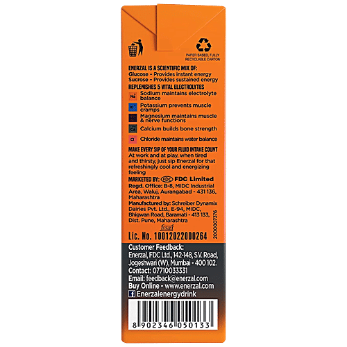 Enerzal Energy & Electrolyte Drink With 5 Vital Electrolytes - Orange, 200 ml Carton 