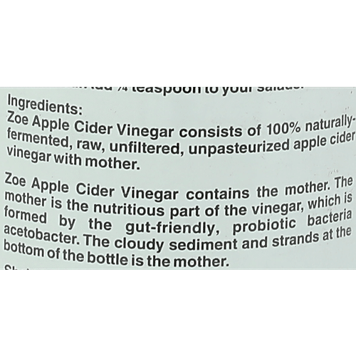 Zoe Apple Cider Vinegar - Raw Unfiltered & Unpasteurized with EXTRA Mother, 500 ml  
