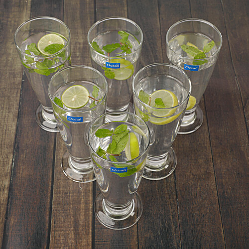 Ocean Water Juice Glass Set - Tiara Footed, 395 ml (Pack of 6) Dishwasher Safe