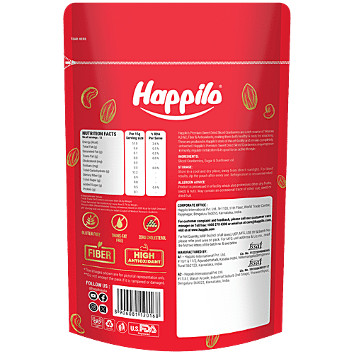 Happilo Premium Sweet Dried Sliced Californian Cranberries, 200 g  Build Immunity
 High Fibre Berries
 Feel Energetic