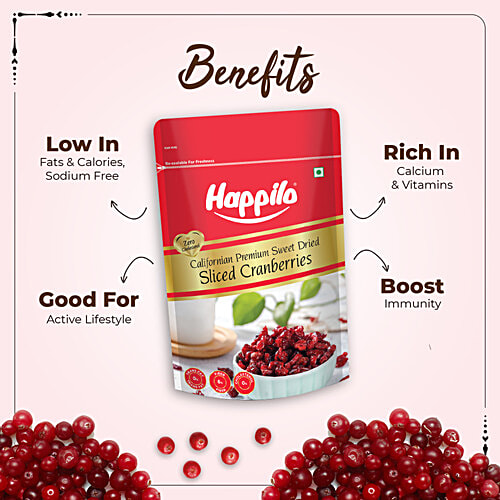 Happilo Premium Sweet Dried Sliced Californian Cranberries, 200 g  Build Immunity
 High Fibre Berries
 Feel Energetic