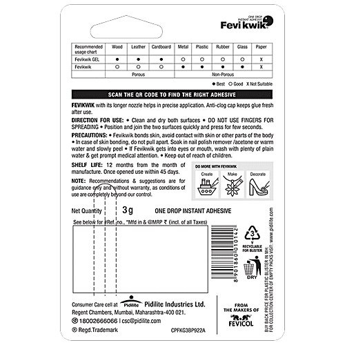 Buy Fevikwik Gel One Drop Instant Adhesive, For Glass, Leather, Wood