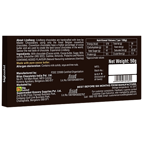 Lindberg Fruit & Nut Chocolate Bar - Pure Belgian, 50 g  