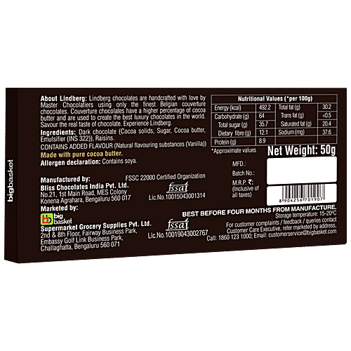 Lindberg Raisins Dark Chocolate Bar - Pure Belgian, 50 g  