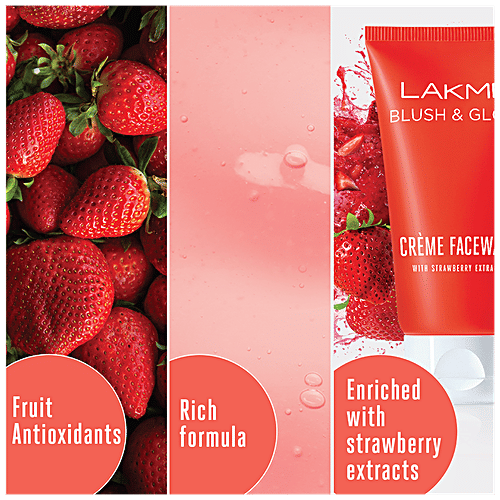 Lakme Blush & Glow Cream Face Wash - With Strawberry Extracts, Rich In Anti-Tanning Properties, 50 g