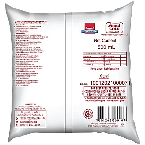 Amul Gold Full Cream Milk, 500 ml Pouch 
