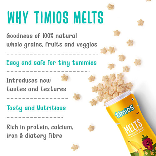 Timios Melts Non-Fried Whole Grain Snack - Flavoured with Banana & Strawberry, From 9 Months, Rich in Protein & Iron, 50 g  Rich in Protein & Iron