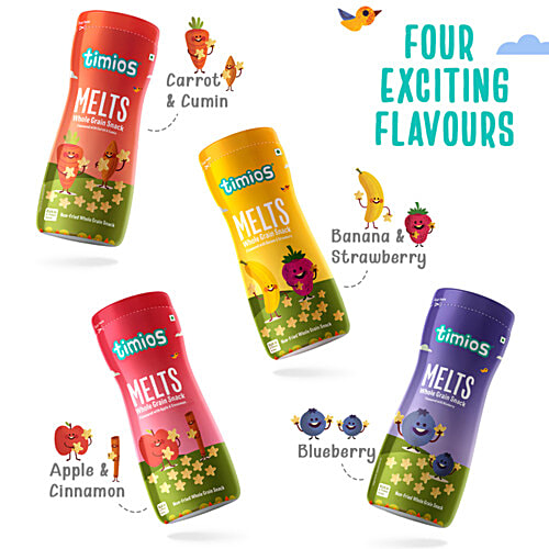 Timios Melts Non-Fried Whole Grain Snack - Flavoured with Banana & Strawberry, From 9 Months, Rich in Protein & Iron, 50 g  Rich in Protein & Iron