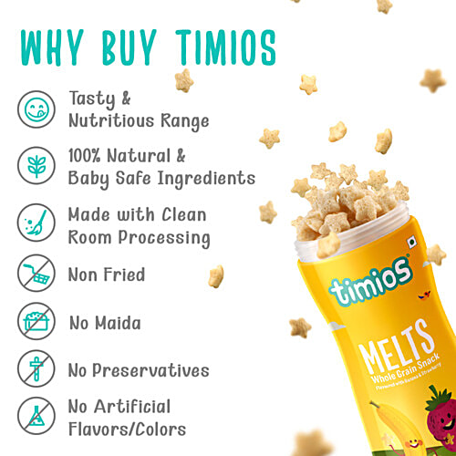 Timios Melts Non-Fried Whole Grain Snack - Flavoured with Banana & Strawberry, From 9 Months, Rich in Protein & Iron, 50 g  Rich in Protein & Iron