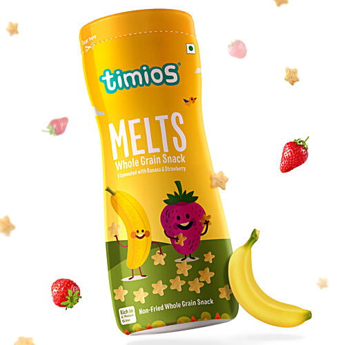 Timios Melts Non-Fried Whole Grain Snack - Flavoured with Banana & Strawberry, From 9 Months, Rich in Protein & Iron, 50 g  Rich in Protein & Iron