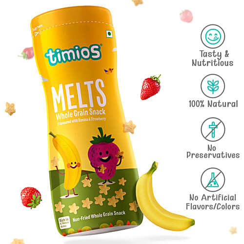 Timios Melts Non-Fried Whole Grain Snack - Flavoured with Banana & Strawberry, From 9 Months, Rich in Protein & Iron, 50 g  Rich in Protein & Iron