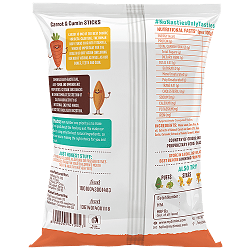 Timios Sticks - Carrot & Cumin, 30 g  Natural, Non-Fried Whole Grain Snack