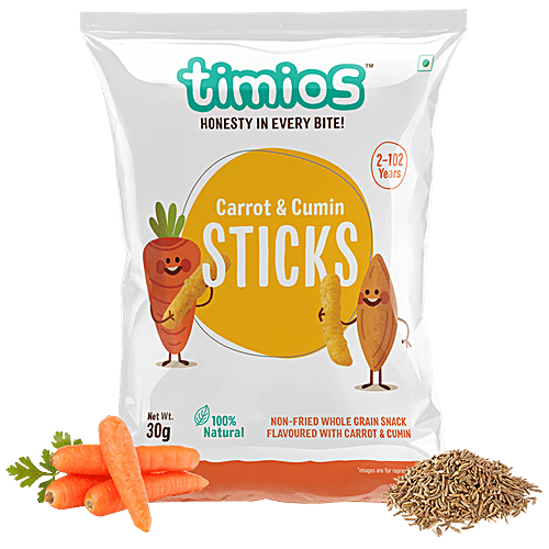 Timios Sticks - Carrot & Cumin, 30 g  Natural, Non-Fried Whole Grain Snack