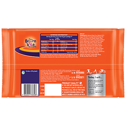 Cadbury Bournvita Biscuits, Tiffin Pack, 250 g (9 pcs x 27.78 g each) Provides About 10% Of Daily Calcium & Iron Requirements