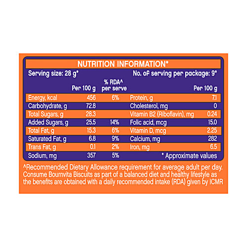 Cadbury Bournvita Biscuits, Tiffin Pack, 250 g (9 pcs x 27.78 g each) Provides About 10% Of Daily Calcium & Iron Requirements
