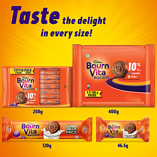 Cadbury Bournvita Biscuits, Tiffin Pack, 250 g (9 pcs x 27.78 g each) Provides About 10% Of Daily Calcium & Iron Requirements