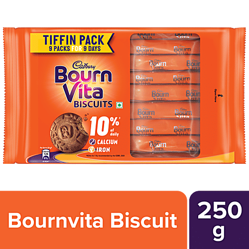 Cadbury Bournvita Biscuits, Tiffin Pack, 250 g (9 pcs x 27.78 g each) Provides About 10% Of Daily Calcium & Iron Requirements