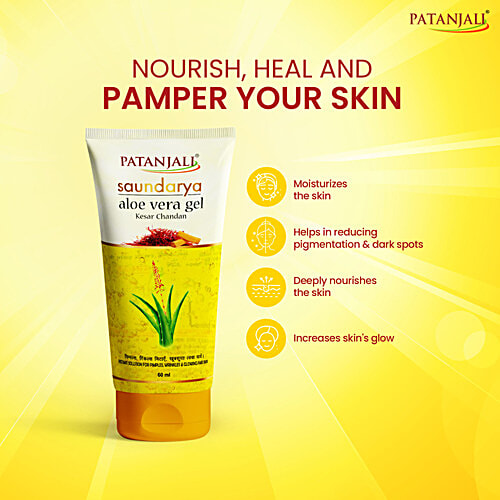 Patanjali Saundarya Aloe Vera Gel - Kesar Chandan, 60 ml  Instant Solution for Pimples, Wrinkles & Glowing Skin