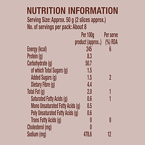 Britannia Whole Wheat Bread - No Maida, 400 g Pouch Source of Dietary Fibre