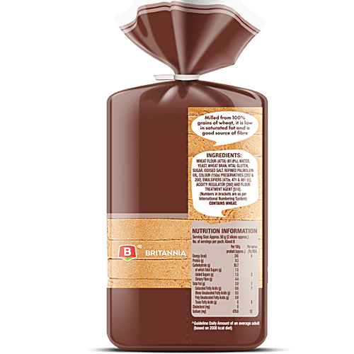 Britannia Whole Wheat Bread - No Maida, 400 g Pouch Source of Dietary Fibre