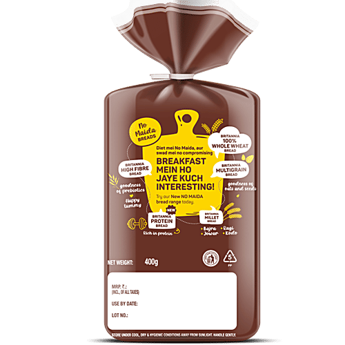 Britannia Whole Wheat Bread - No Maida, 400 g Pouch Source of Dietary Fibre