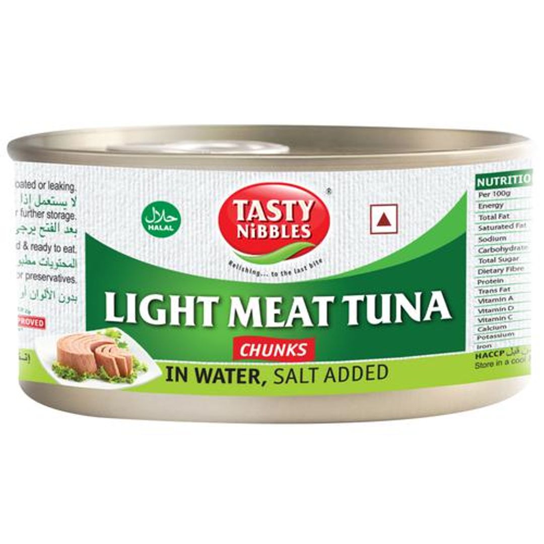 Tasty Nibbles Light Meat Tuna Chunks In Water, Salt Added, 185 g Canned light meat tuna chunks with brine as base