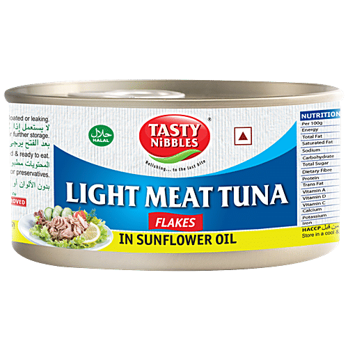 Tasty Nibbles Light Meat Tuna Flakes In Sunflower Oil, 185 g Canned light meat tuna flakes with sunflower oil as base Zero Trans Fat