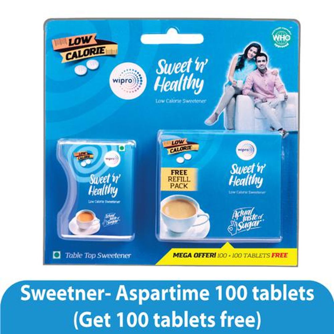 Wipro Sweet N Healthy Low Calorie Sweetener - Aspartame Tablets, 100 Tablets (Get 100 Tablets Free)