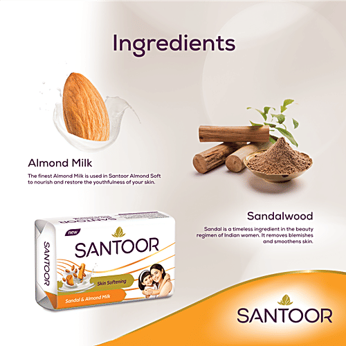Santoor Skin Softening Sandal & Almond Milk Bathing Soap, 150 g (Pack of 3) 